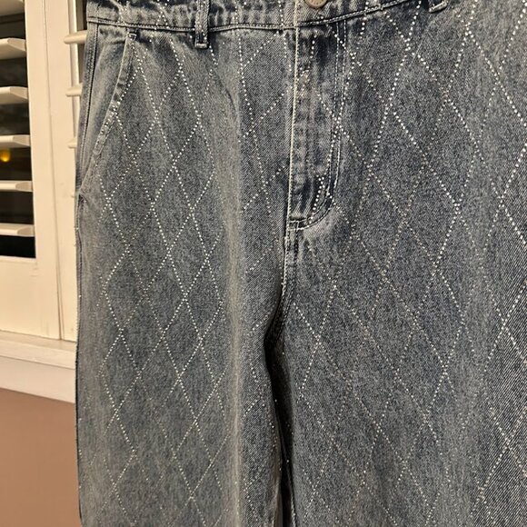 NWT Avec Les Filles High Waisted Rhinestone Wide Leg Denim Jeans - Picture 3 of 7